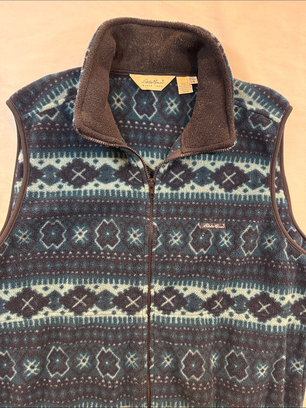 90s Vintage Eddie Bauer Nordic Print Fleece Vest Full Zip Teal XL